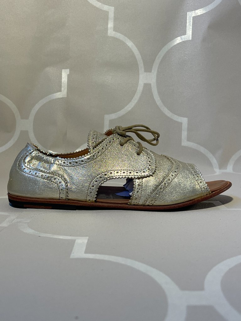 Pep Monjo Silver Metallic Leather Peep Toe Shoes Women's Handmade Designer